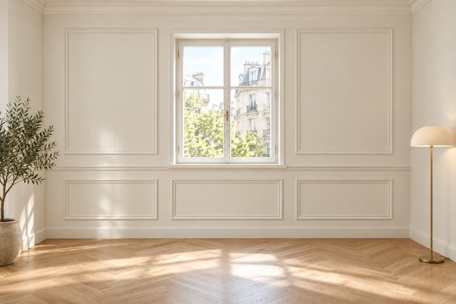 Salon parisien aux moulures haussmanniennes blanches autour d’une fenêtre, parquet en point de Hongrie
