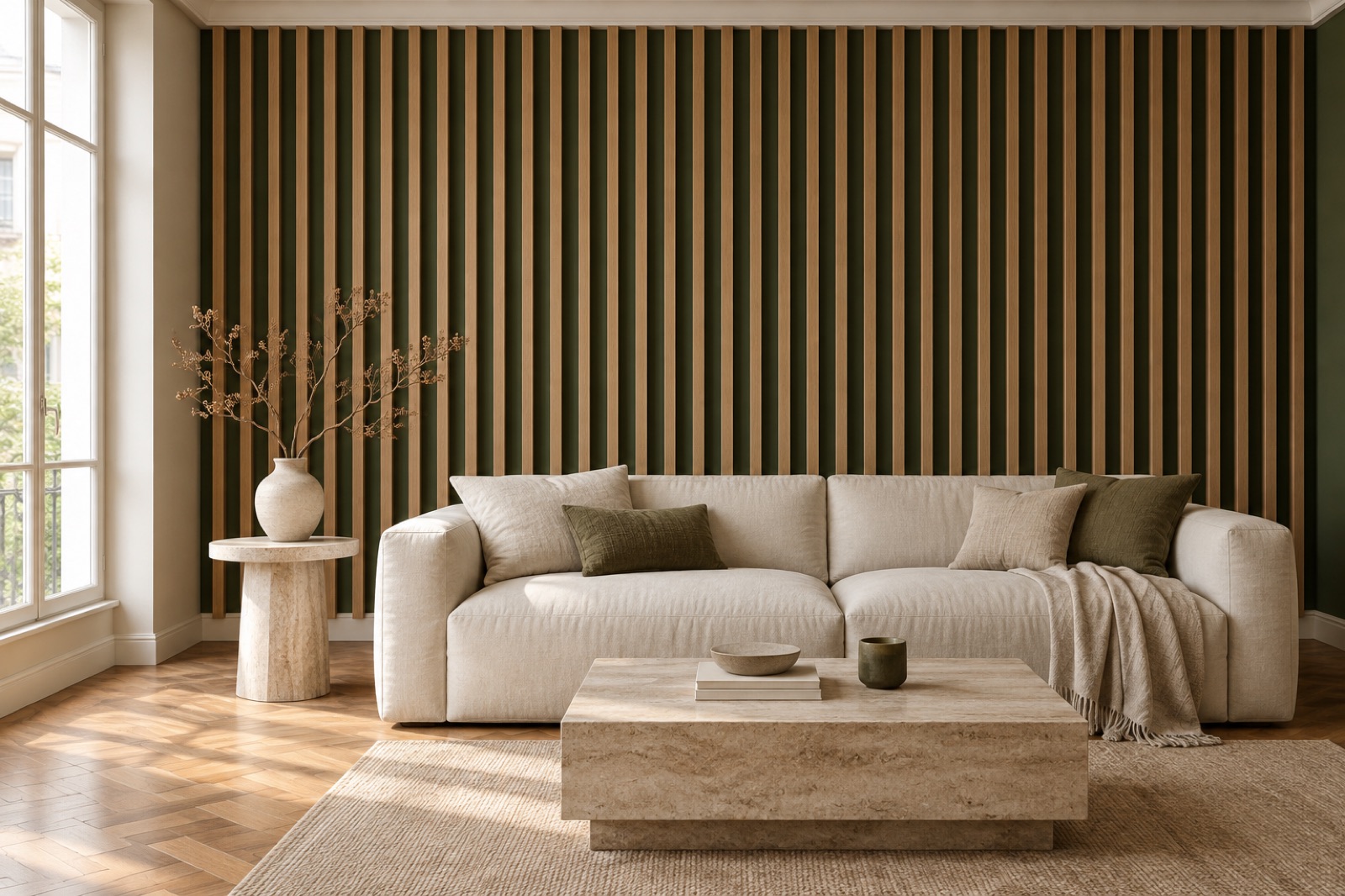 Illustration d’un mur mouluré, style tasseaux bois